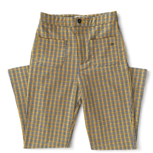 Pull&Bear Pants - Yellow and black plaid high-waisted flare cropped pants small